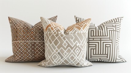 A set of three decorative throw pillows in varying geometric patterns and neutral tones, displayed against a pure white background.