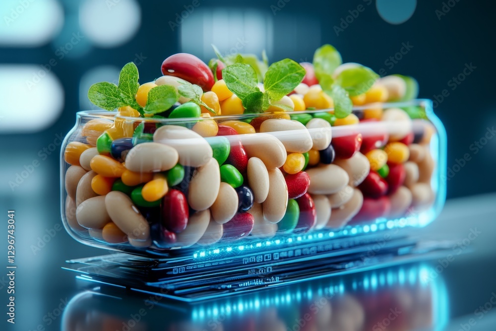 Poster A futuristic holographic display showcasing different types of beans with nutritional data