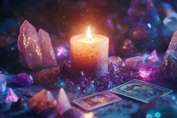 A creative depiction of a candle surrounded by crystals, tarot cards, and a mystical setup