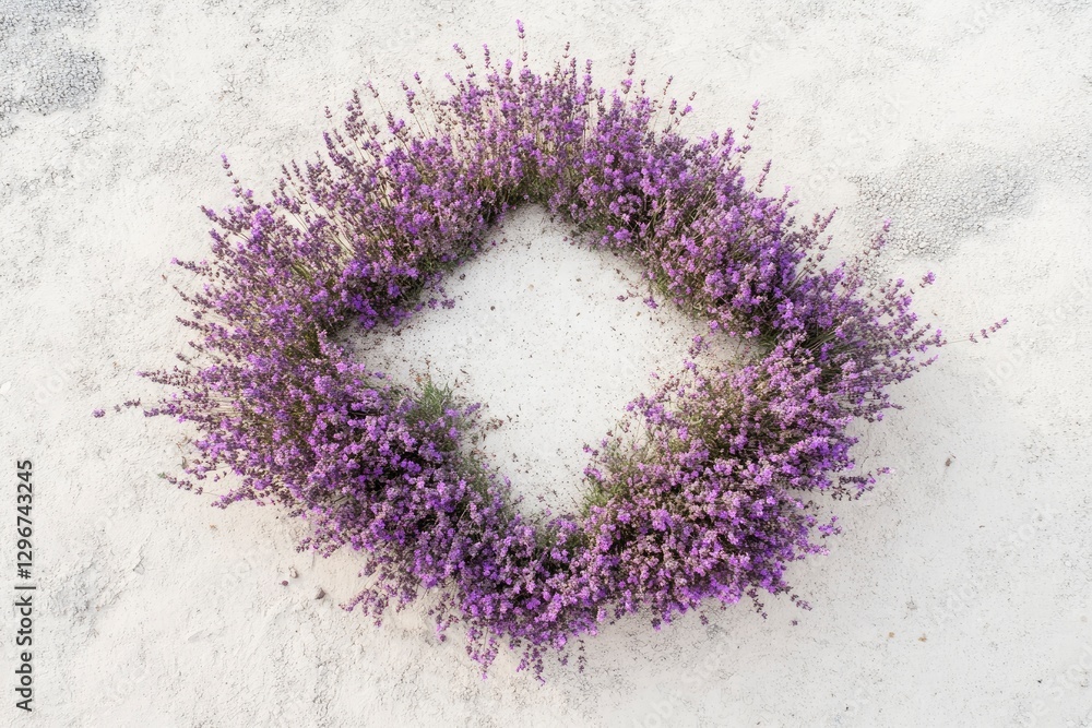 Poster flat lay of lavender flowers arranged in the shape of an octagon on a white background, creating a s