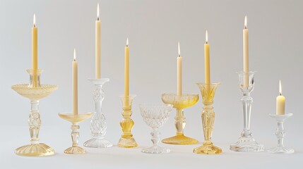 A set of vintage-style glass candleholders in varying heights, each holding a taper candle, displayed against a pure white background. 