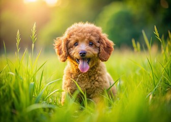 Playful Brown Poodle Puppy Hiding in Summer Grass - Stock Photo