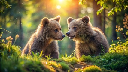Obraz premium Playful Brown Bear Cubs in Sunlit Forest Glade - Double Exposure Wildlife Illustration