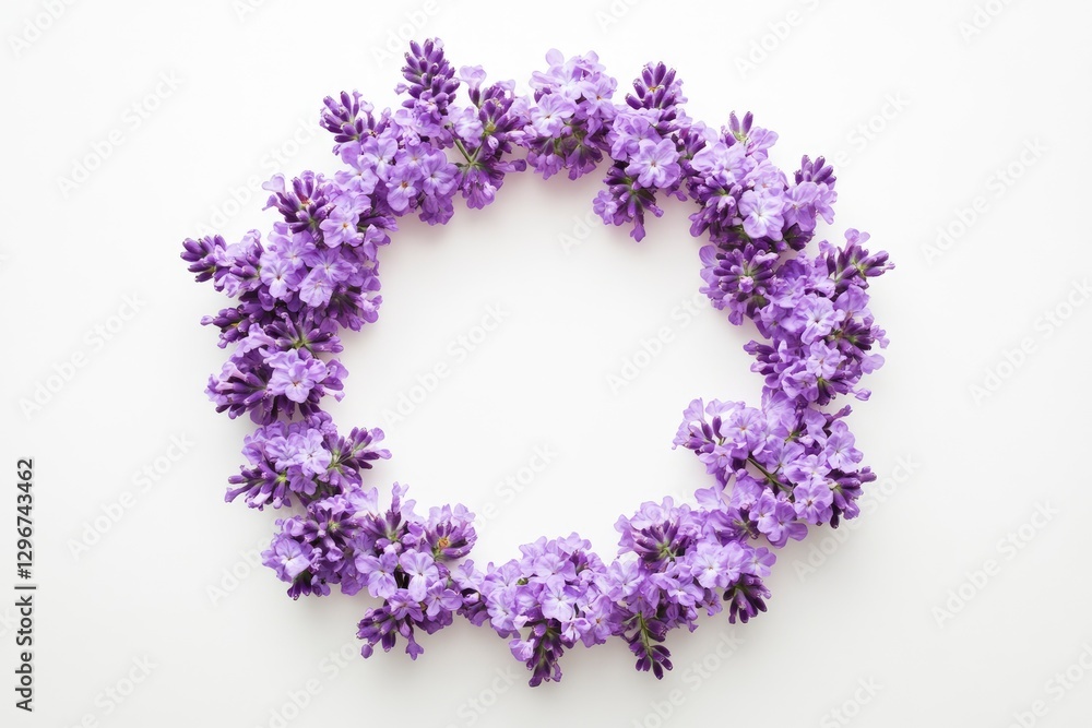 Poster flat lay of lavender flowers arranged in the shape of an octagon on a white background, creating a s