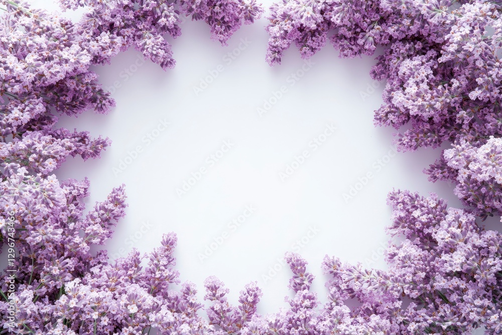 Poster flat lay of lavender flowers arranged in the shape of an octagon on a white background, creating a s