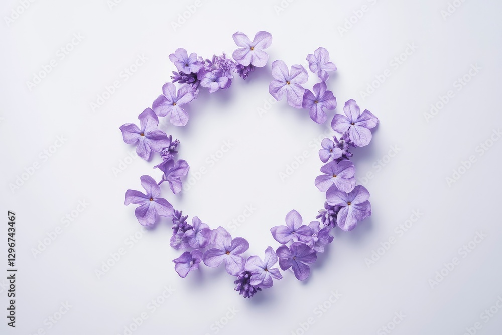 Poster flat lay of lavender flowers arranged in the shape of an octagon on a white background, creating a s