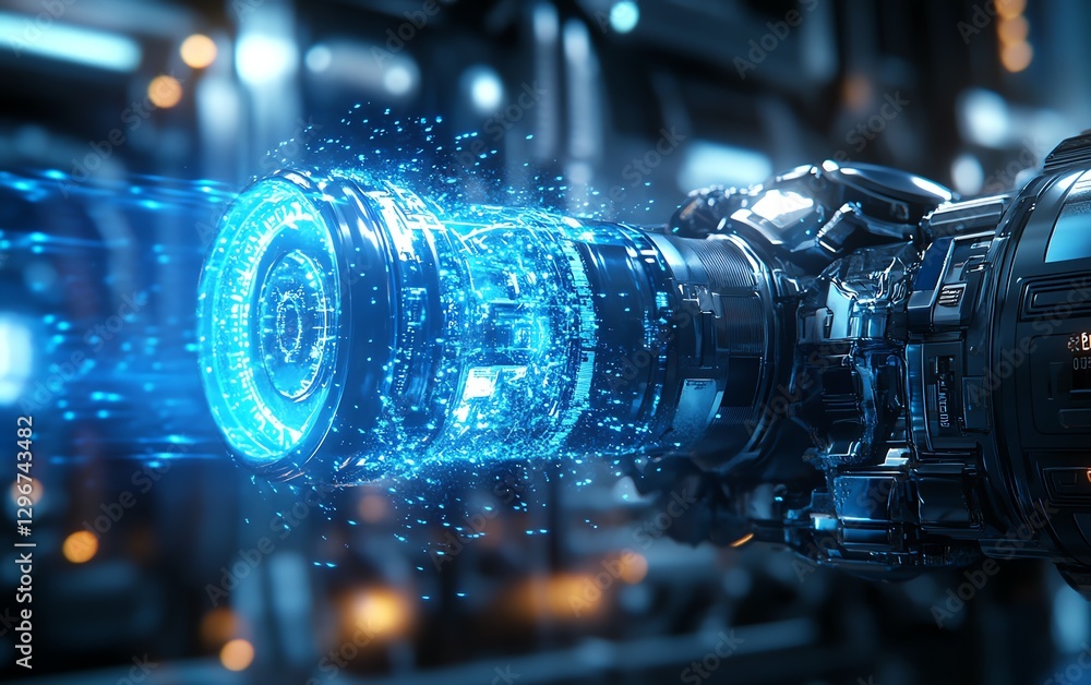 Poster advanced robotic arm interacting with futuristic machine