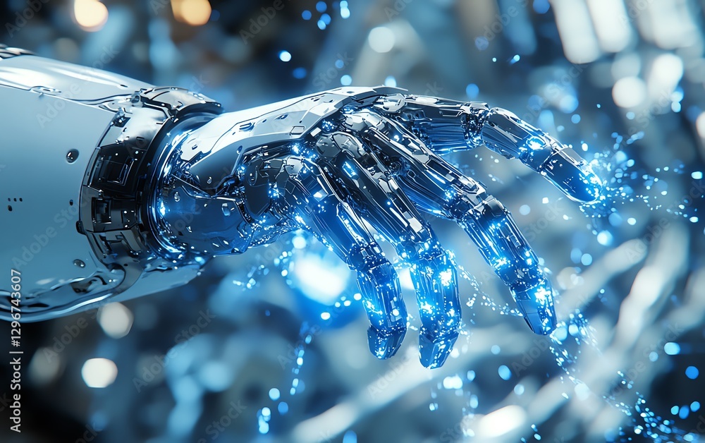 Poster advanced robotic arm interacting with futuristic machine