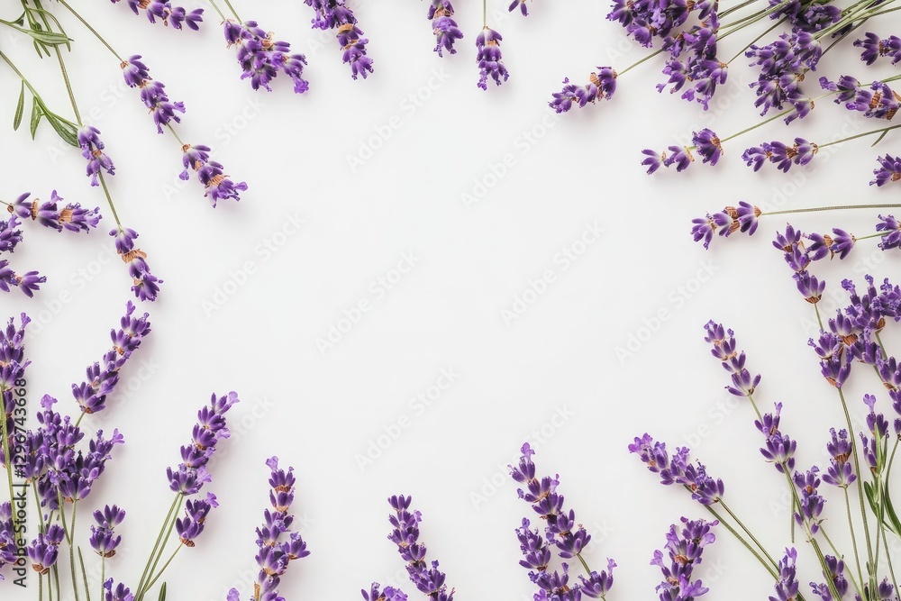 Poster flat lay of lavender flowers arranged in the shape of an octagon on a white background, creating a s