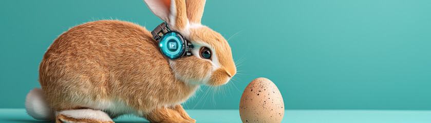 A cute rabbit with headphones gazes at a decorated egg, set against a vibrant turquoise background.