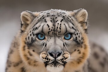 Obraz premium Majestic snow leopard with piercing blue eyes, showcasing unique
