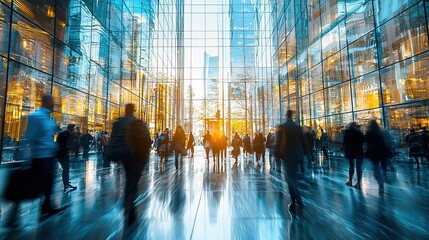 Fototapeta premium The concept of sustainability in business centers, crowds of business people walking at a corporate office in a green city downtown, abstract motion blur image with blurred background, , rock 8k image