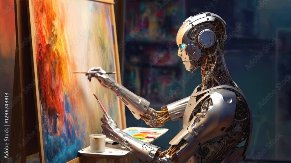 Poster mechanical creativity unleashed through robotic artistry. precision-driven android transforms algori