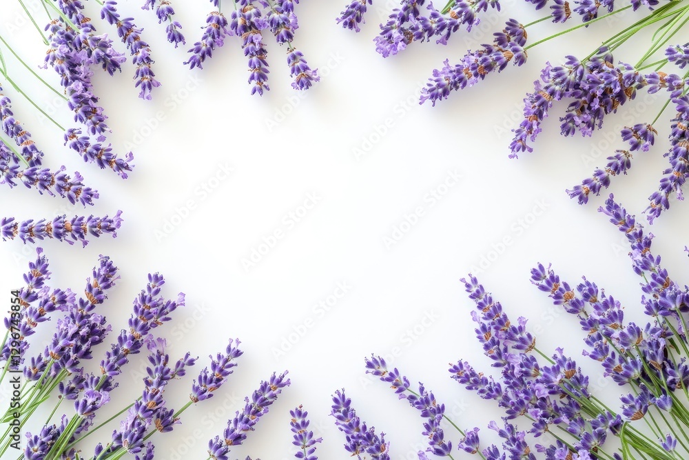 Poster flat lay of lavender flowers arranged in the shape of an octagon on a white background, creating a s