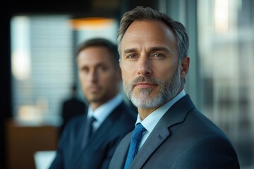 Confident businessman in a suit, serious expression, slightly blurred colleague in the background.