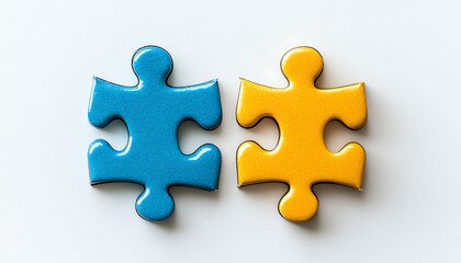 Obraz premium Two puzzle pieces, blue and yellow, on white background