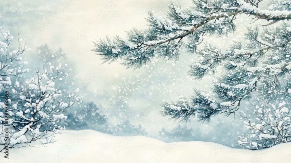 Poster snow falling on frosted pine branch in a winter forest with snowy ground & trees background