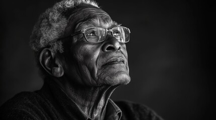 Elderly man with glasses gazing thoughtfully upwards in a dramatic black and white portrait