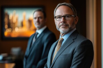 Fototapeta premium Portrait of two businessmen in suits, one in sharp focus, the other blurred in the background.