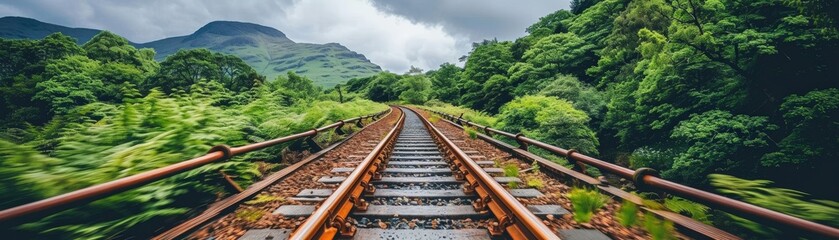 Fototapeta premium A railway track stretches through lush greenery, flanked by mountains under a cloudy sky, evoking a sense of adventure and tranquility in nature.