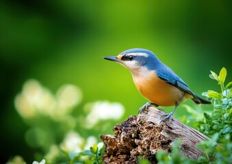 Charming Blue-Gray Bird Perched on Log Surrounded by Lush Greenery in Soft Natural Light, Ideal for Nature and Wildlife Themes