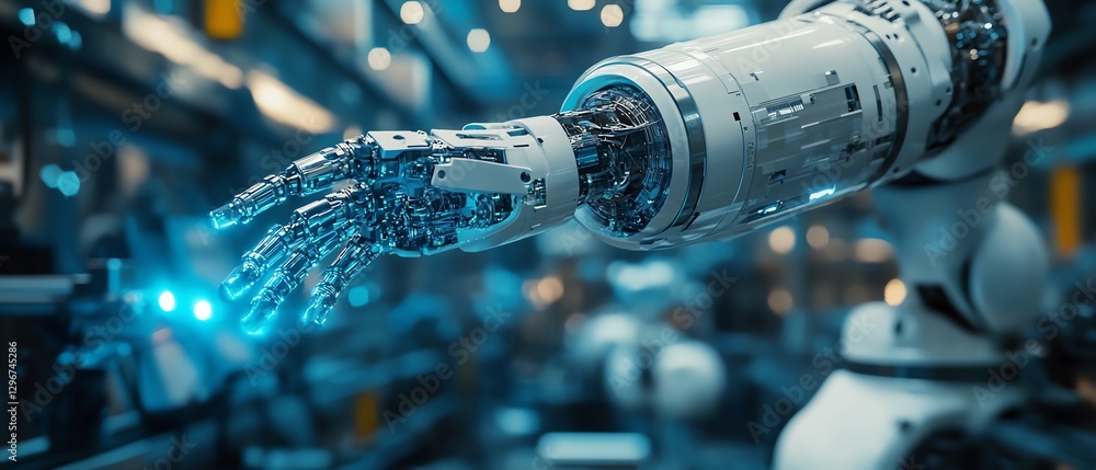 Poster futuristic scene showing robotic arm in action