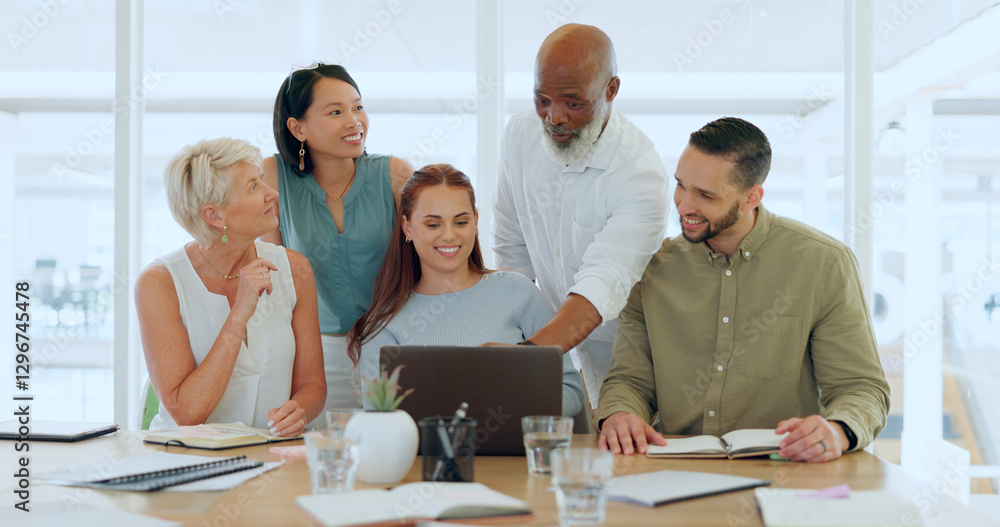 Aufkleber teamwork, collaboration and diversity at laptop presentation in office of marketing, advertising and