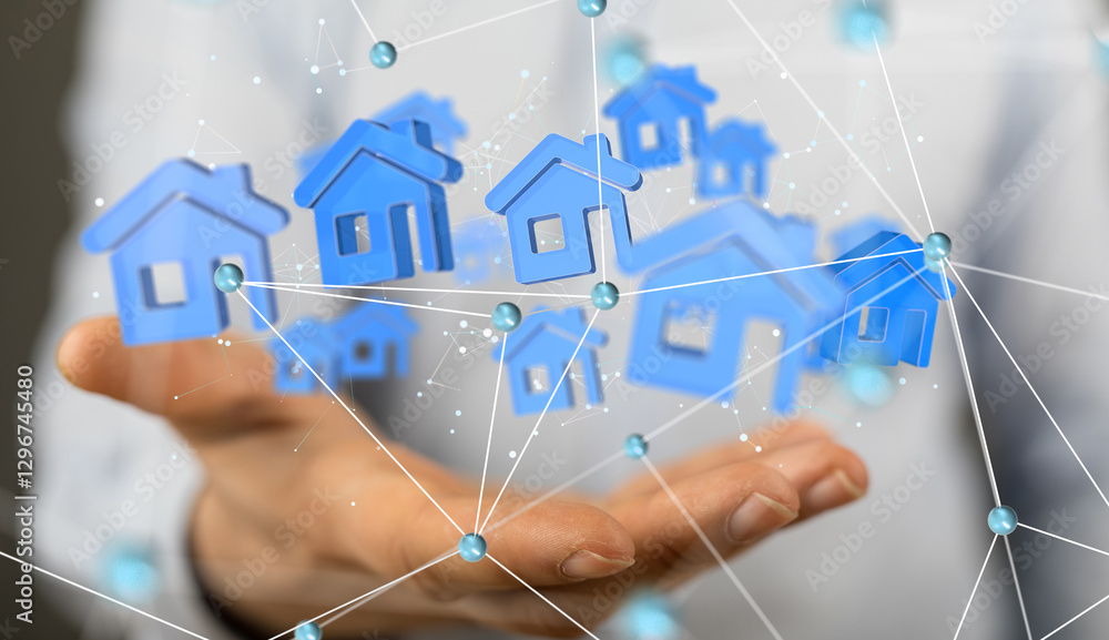 Poster home iot - neural network 3d illustration. big data and cybersecurity
