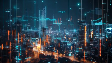Economic growth visualization, futuristic city with financial data overlay, business concept, Realistic Photo