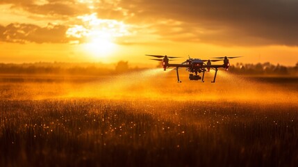 Drone Spraying Pesticides Over Golden Crop Fields at Sunset