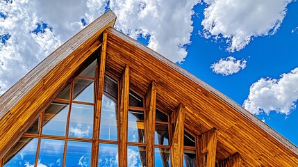 Wooden building exterior, mountain sky, windows, architecture, design, summer