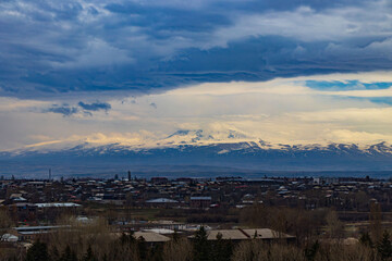 Fototapeta premium View over the Mount Ararat at the sunset in the city of Gyumri.