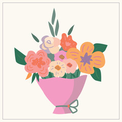 An illustration with bouquets of stylized textured flowers. Dark green, pink, orange, gray, yellow. For the Spring time, Valentine's Day, March 8th, birthday postcards, magazines, websites, invitation