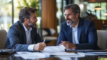 Wealth management expert consulting a client, luxurious office setting, business elite, Realistic Photo