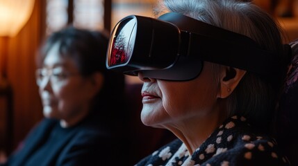 Elderly woman experiencing virtual reality while seated indoors with a companion in the background