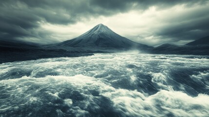 Dramatic Mountain River Scene Under Cloudy Skies