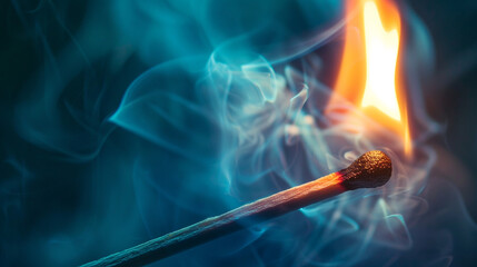 A close up of a matchsticks igniting, with vibrant flames and swirling smoke in a dramatic lighting setting.