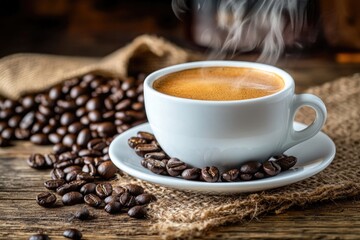 A steaming cup of coffee with coffee beans in the background.