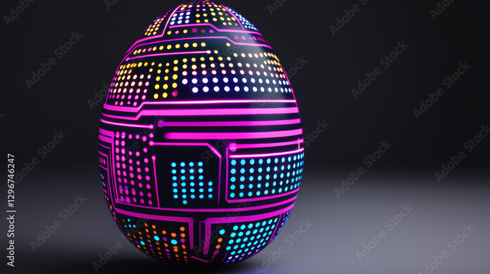 Poster a digitally designed egg featuring vibrant neon patterns and circuit-like designs against a dark bac