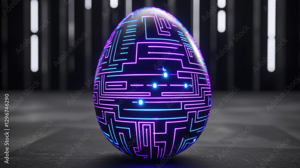 Poster a futuristic egg design features glowing neon patterns and a maze-like structure, set against a slee