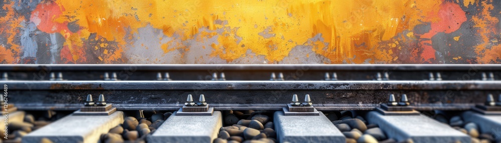 Poster a close-up view of railroad tracks with vibrant, colorful textures in the background, creating a str