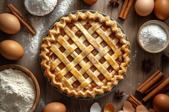 Apple pie with flaky crust and lattice-work top, surrounded by eggs, flour, cinnamon sticks and sugar on wooden background. Top view. International Pi Day concept.