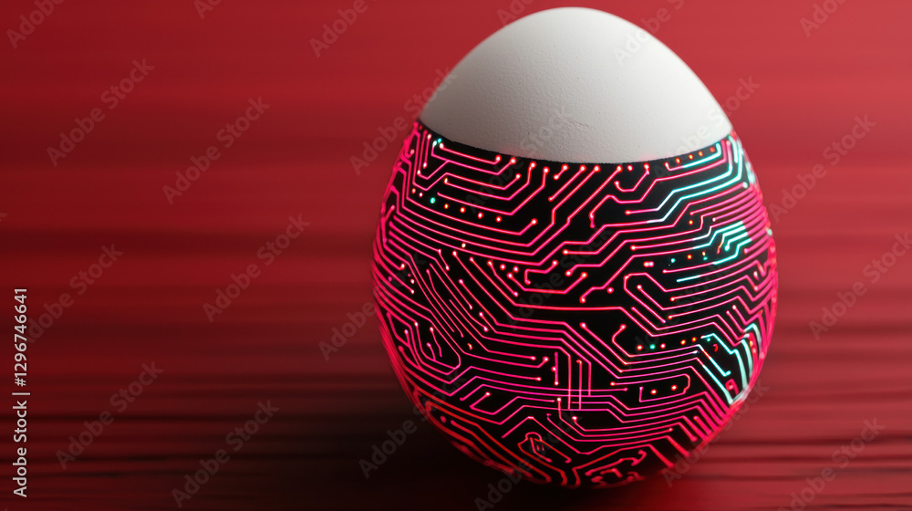 Poster a futuristic egg design with a circuit pattern, illuminated in vibrant colors, set against a red bac