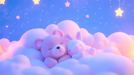Toys sleeping peacefully on fluffy clouds under a starlit sky