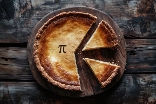 Elegant pie with the mathematical symbol &pi; on it and two slices cut out and placed next to the whole pie on dark wooden background. International Pi Day concept.
