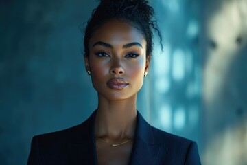 Fototapeta premium Portrait of a confident Black woman in a suit, exuding elegance and strength.