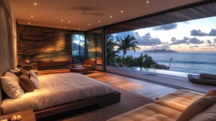 Fototapeta premium An ultra-modern bedroom with sleek furniture, a stunning view