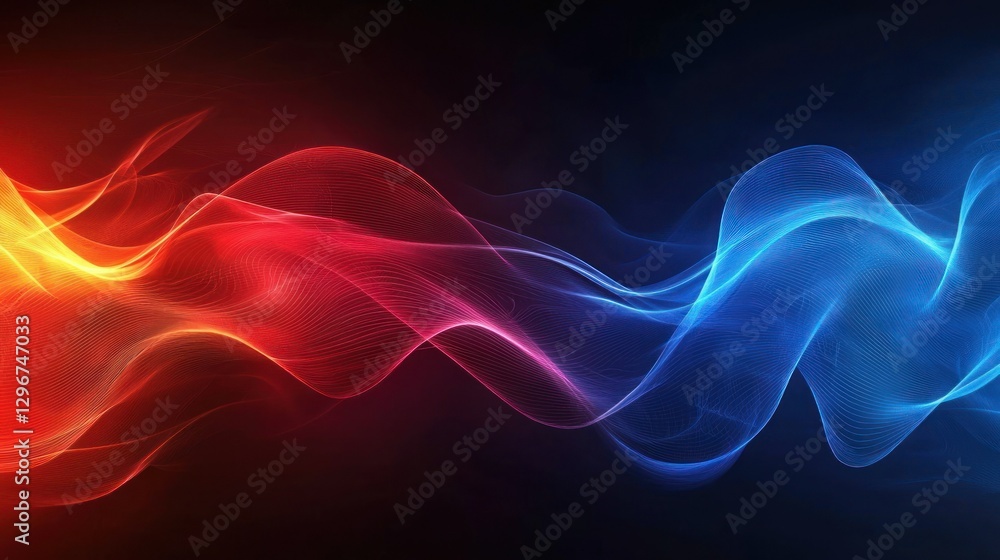 Poster a dynamic red and blue gradient background, blending warm and cool tones.