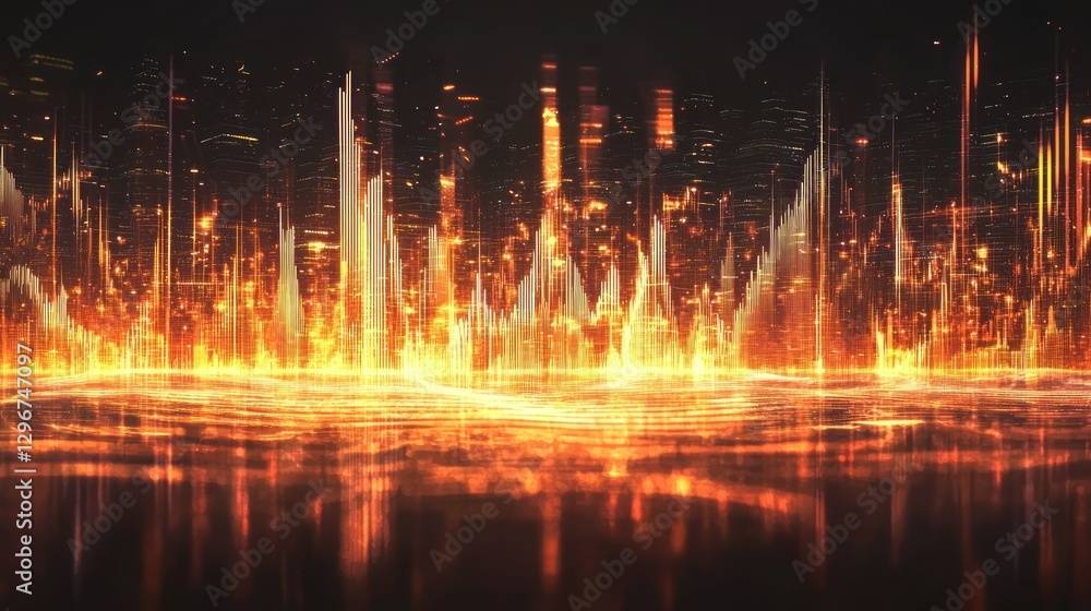 Poster A dynamic scene with abstract sound waves moving across a futuristic, glowing cityscape.
