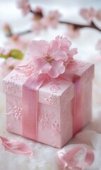 Pink gift box with pink flowers, delicate and elegant style, soft tones, light background, pink cherry blossoms embellished on the surface of exquisite boxes